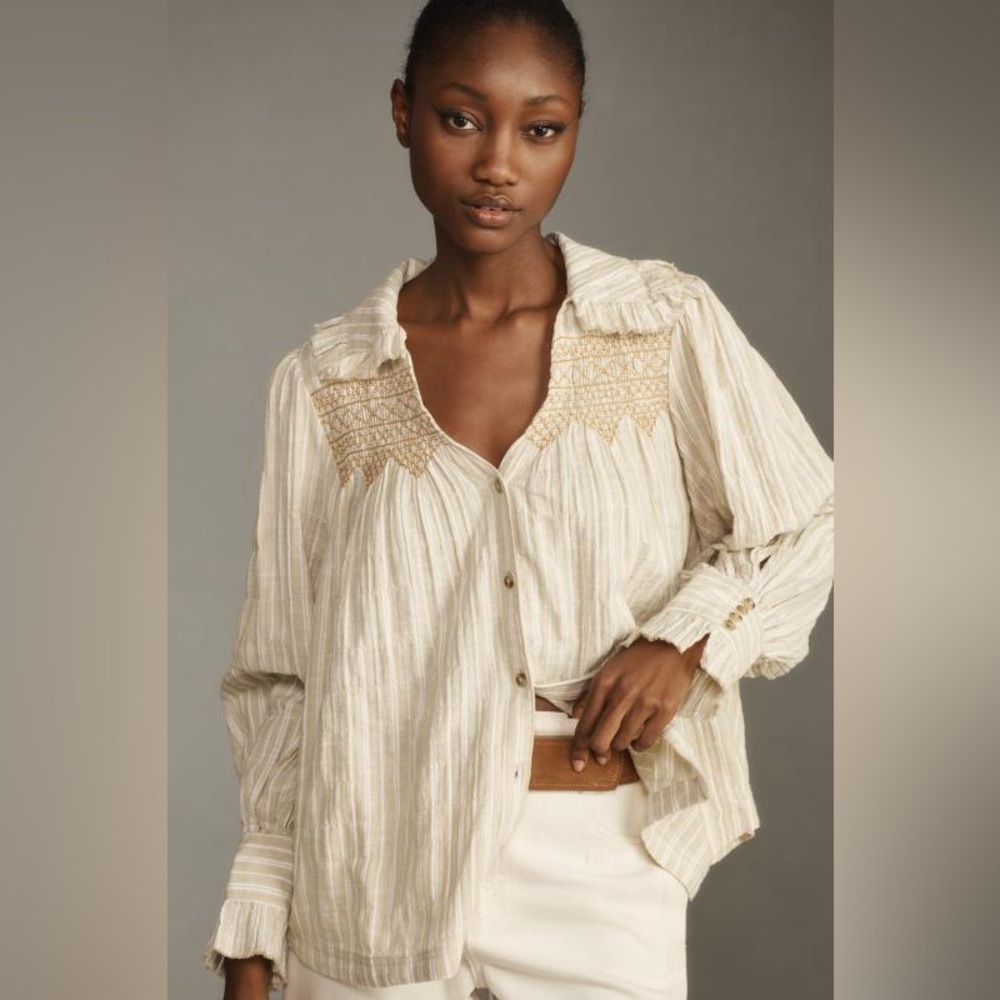 Pilcro Cream Striped Button-Front Blouse with Embroidered Yoke